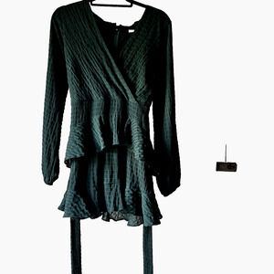 Mini Dress Forest Green Fairy Coquette Flirty Dainty Faux Wrap Tiered SZ Large